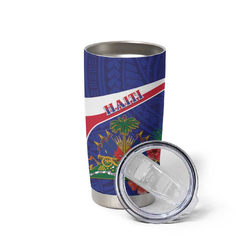 Haiti Neg Marron Tumbler Cup Ayiti Map - Hibiscus Polynesian Pattern - African Pride