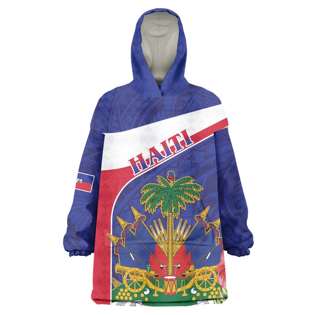 Haiti Neg Marron Wearable Blanket Hoodie Ayiti Map - Hibiscus Polynesian Pattern - African Pride