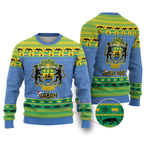 Afro Gabon Christmas Ugly Christmas Sweater Coat Of Arm Mix African Pattern