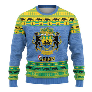 Afro Gabon Christmas Ugly Christmas Sweater Coat Of Arm Mix African Pattern