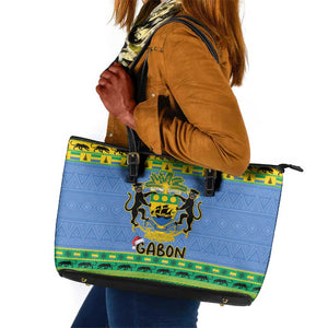 Afro Gabon Christmas Leather Tote Bag Coat Of Arm Mix African Pattern