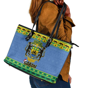 Afro Gabon Christmas Leather Tote Bag Coat Of Arm Mix African Pattern