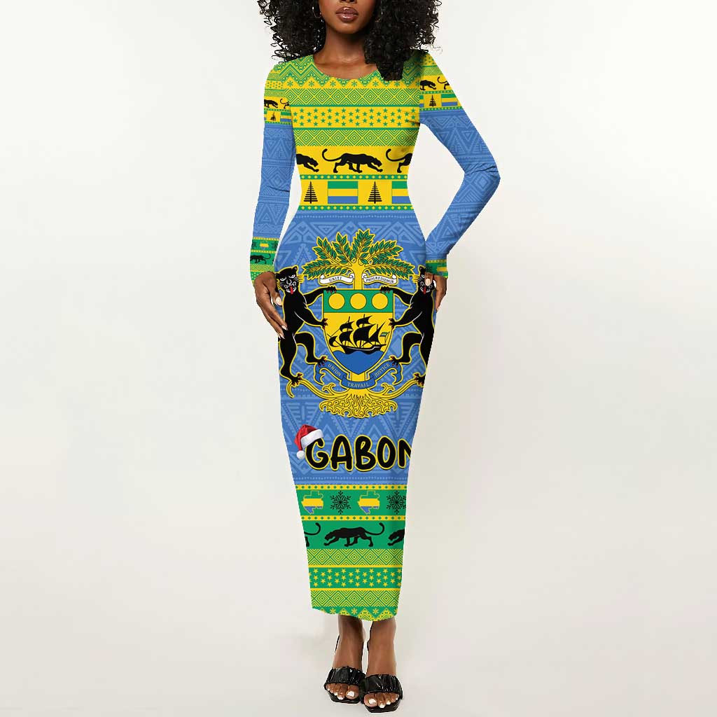 Afro Gabon Christmas Long Sleeve Bodycon Dress Coat Of Arm Mix African Pattern