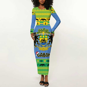 Afro Gabon Christmas Long Sleeve Bodycon Dress Coat Of Arm Mix African Pattern