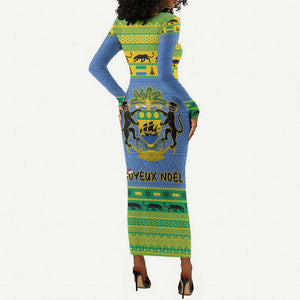 Afro Gabon Christmas Long Sleeve Bodycon Dress Coat Of Arm Mix African Pattern