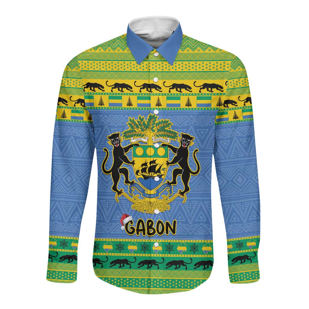 Afro Gabon Christmas Long Sleeve Button Shirt Coat Of Arm Mix African Pattern