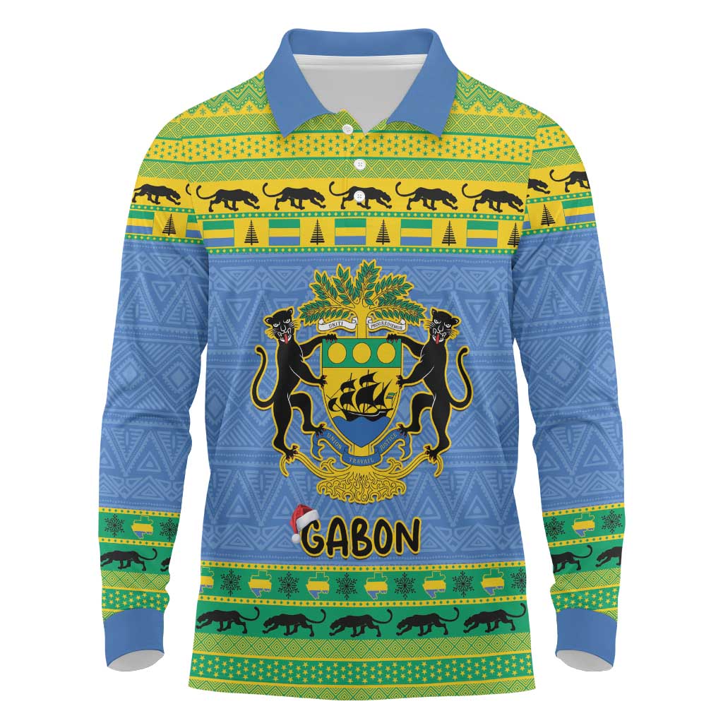 Afro Gabon Christmas Long Sleeve Polo Shirt Coat Of Arm Mix African Pattern