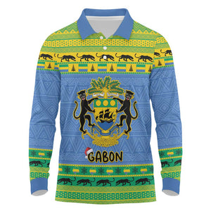 Afro Gabon Christmas Long Sleeve Polo Shirt Coat Of Arm Mix African Pattern