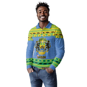 Afro Gabon Christmas Long Sleeve Polo Shirt Coat Of Arm Mix African Pattern