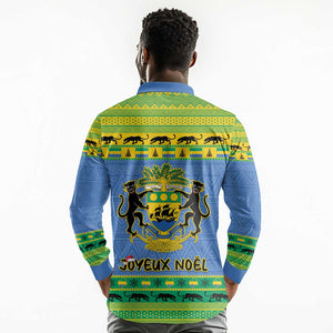 Afro Gabon Christmas Long Sleeve Polo Shirt Coat Of Arm Mix African Pattern