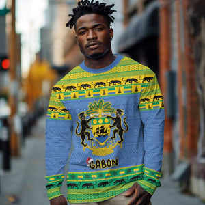 Afro Gabon Christmas Long Sleeve Shirt Coat Of Arm Mix African Pattern