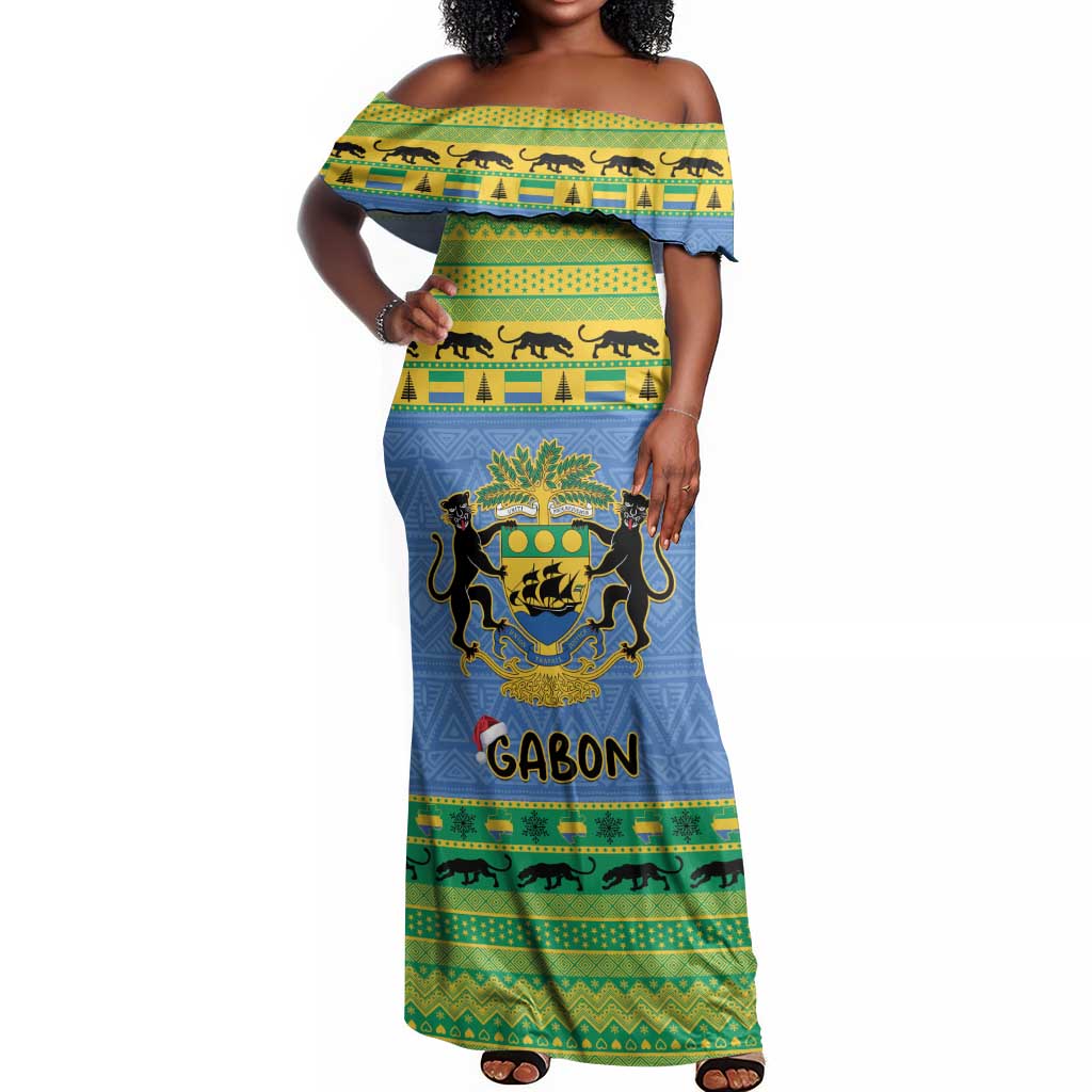 Afro Gabon Christmas Off Shoulder Maxi Dress Coat Of Arm Mix African Pattern