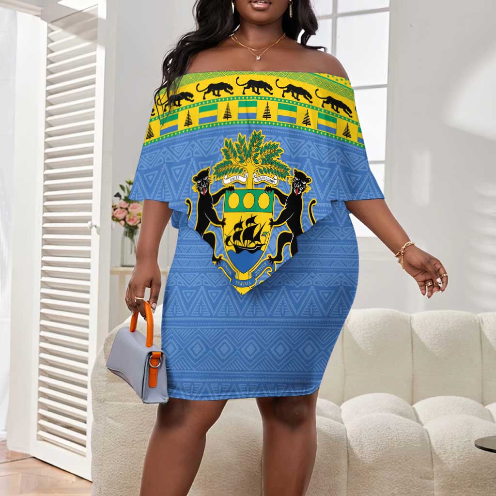 Afro Gabon Christmas Off Shoulder Short Dress Coat Of Arm Mix African Pattern