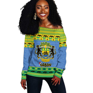 Afro Gabon Christmas Off Shoulder Sweater Coat Of Arm Mix African Pattern