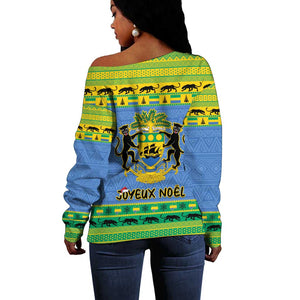 Afro Gabon Christmas Off Shoulder Sweater Coat Of Arm Mix African Pattern