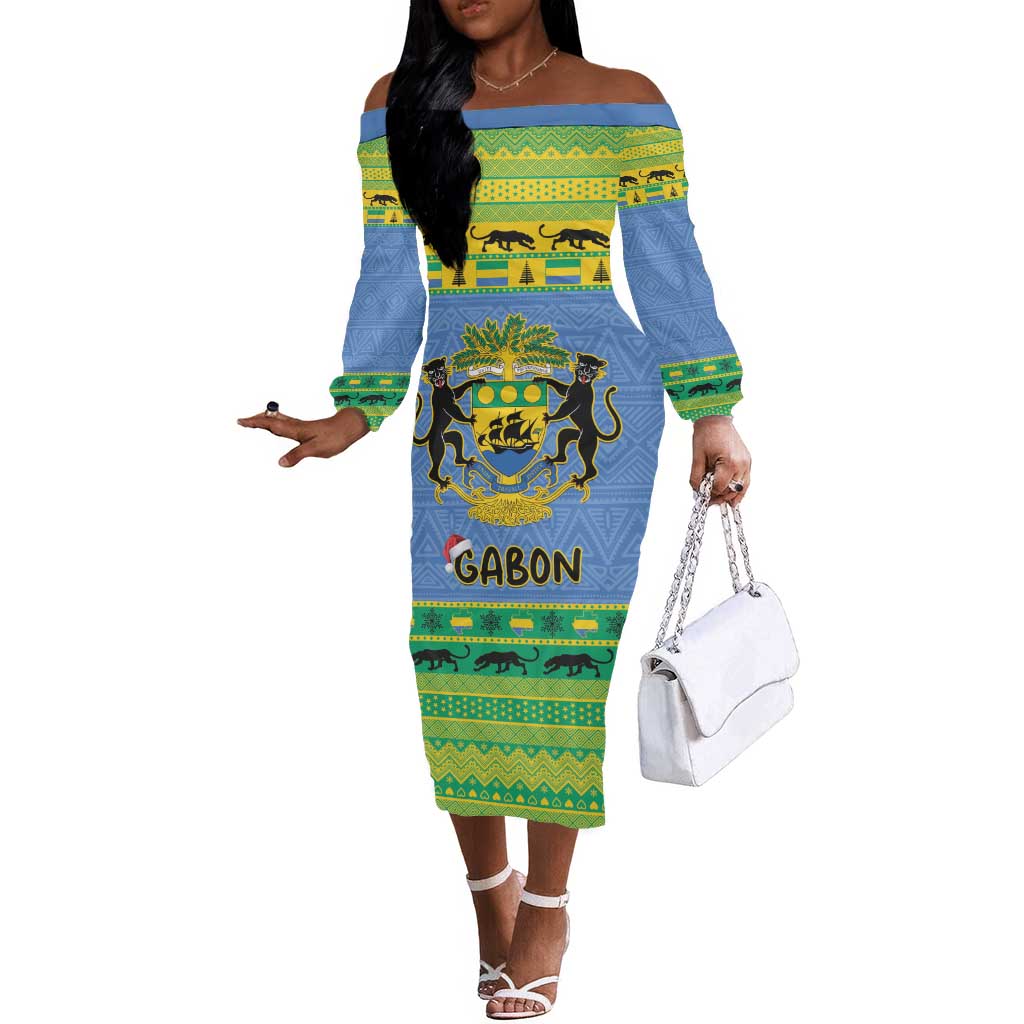 Afro Gabon Christmas Off The Shoulder Long Sleeve Dress Coat Of Arm Mix African Pattern