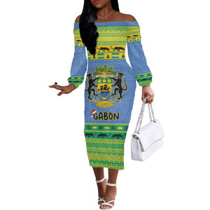 Afro Gabon Christmas Off The Shoulder Long Sleeve Dress Coat Of Arm Mix African Pattern