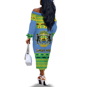 Afro Gabon Christmas Off The Shoulder Long Sleeve Dress Coat Of Arm Mix African Pattern