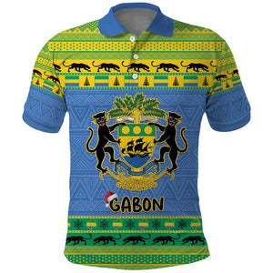 Afro Gabon Christmas Polo Shirt Coat Of Arm Mix African Pattern