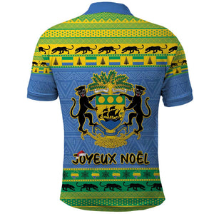 Afro Gabon Christmas Polo Shirt Coat Of Arm Mix African Pattern