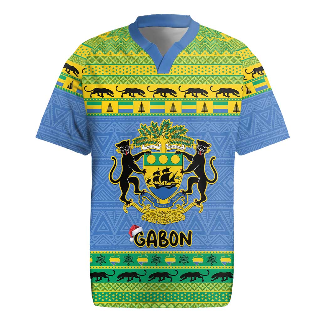 Afro Gabon Christmas Rugby Jersey Coat Of Arm Mix African Pattern