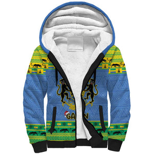 Afro Gabon Christmas Sherpa Hoodie Coat Of Arm Mix African Pattern