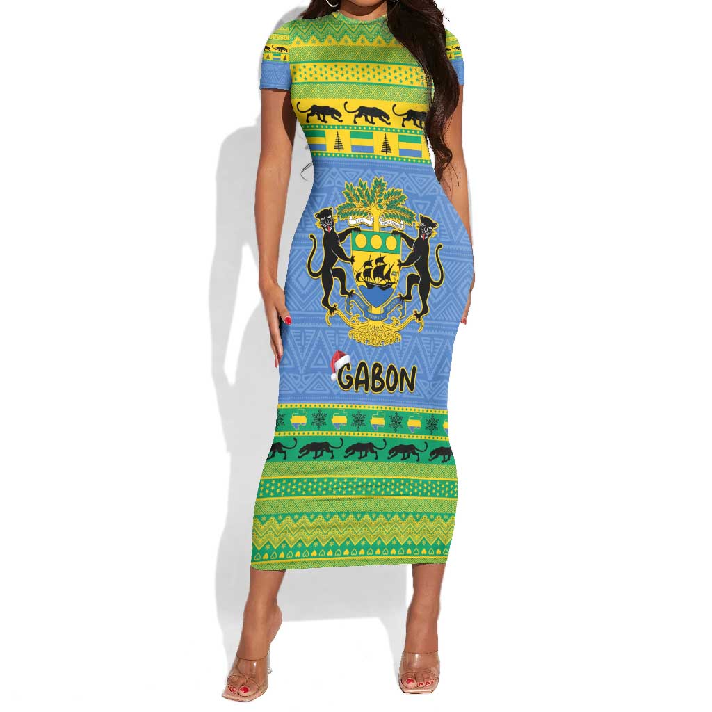 Afro Gabon Christmas Short Sleeve Bodycon Dress Coat Of Arm Mix African Pattern