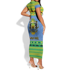 Afro Gabon Christmas Short Sleeve Bodycon Dress Coat Of Arm Mix African Pattern