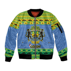 Afro Gabon Christmas Sleeve Zip Bomber Jacket Coat Of Arm Mix African Pattern