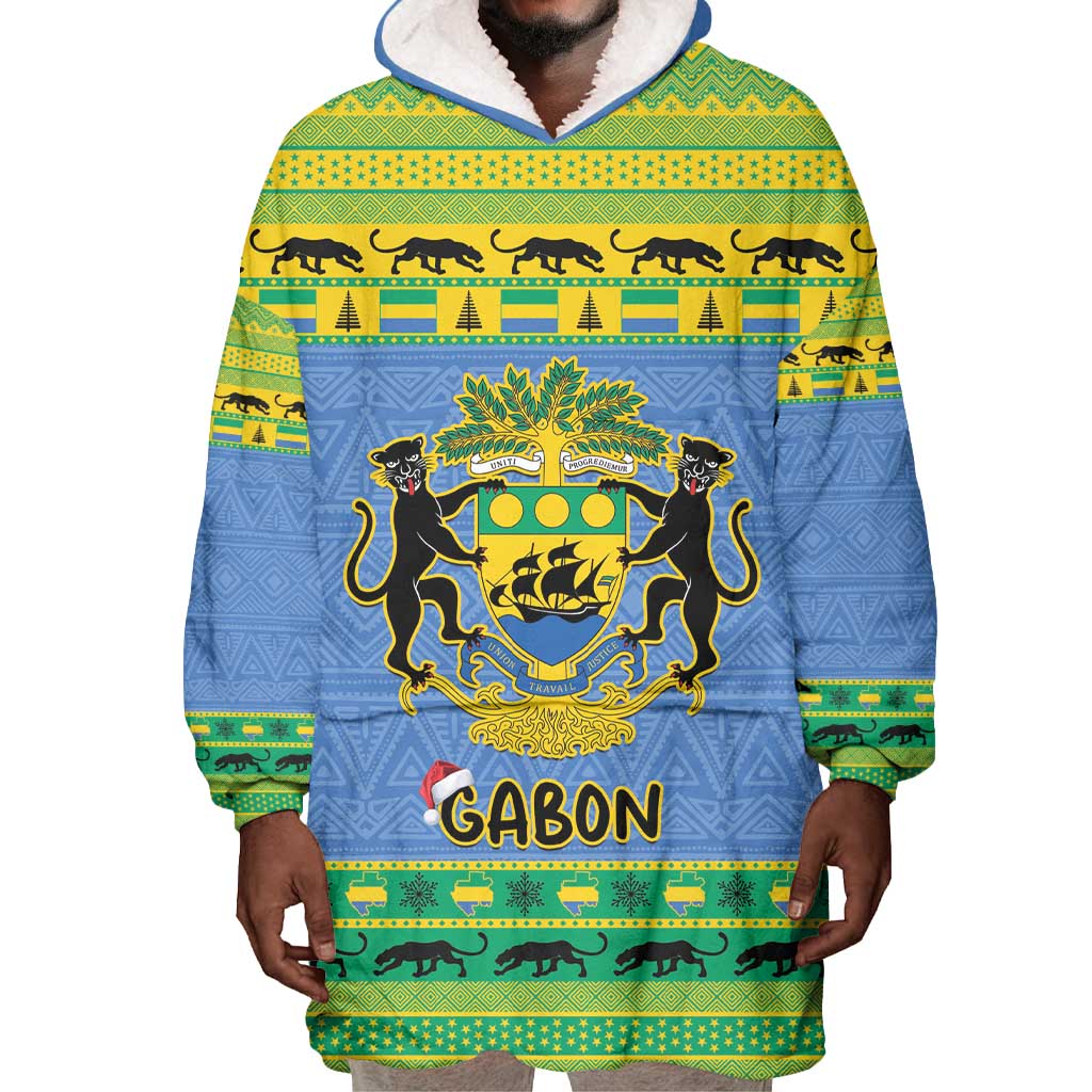 Afro Gabon Christmas Wearable Blanket Hoodie Coat Of Arm Mix African Pattern