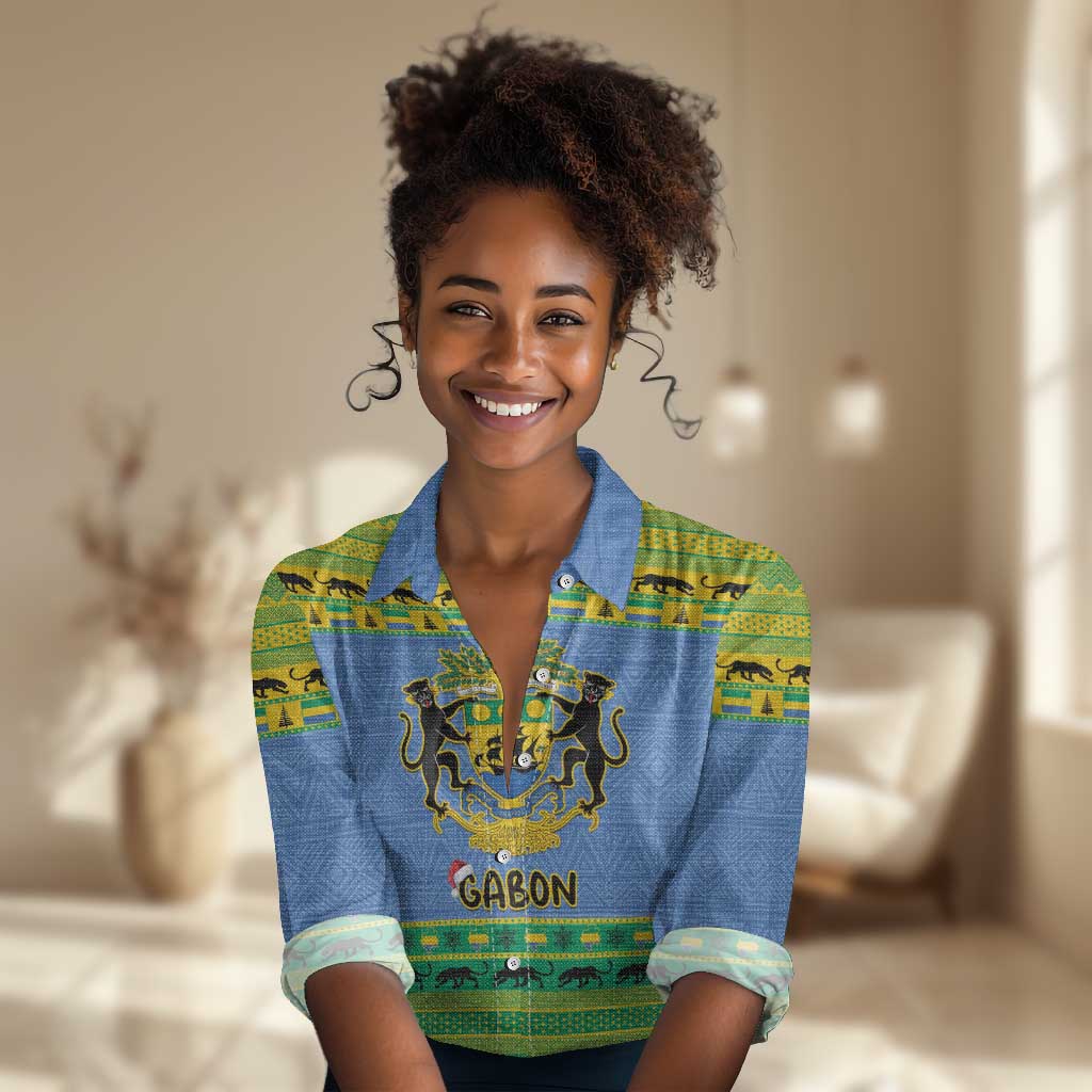 Afro Gabon Christmas Women Casual Shirt Coat Of Arm Mix African Pattern