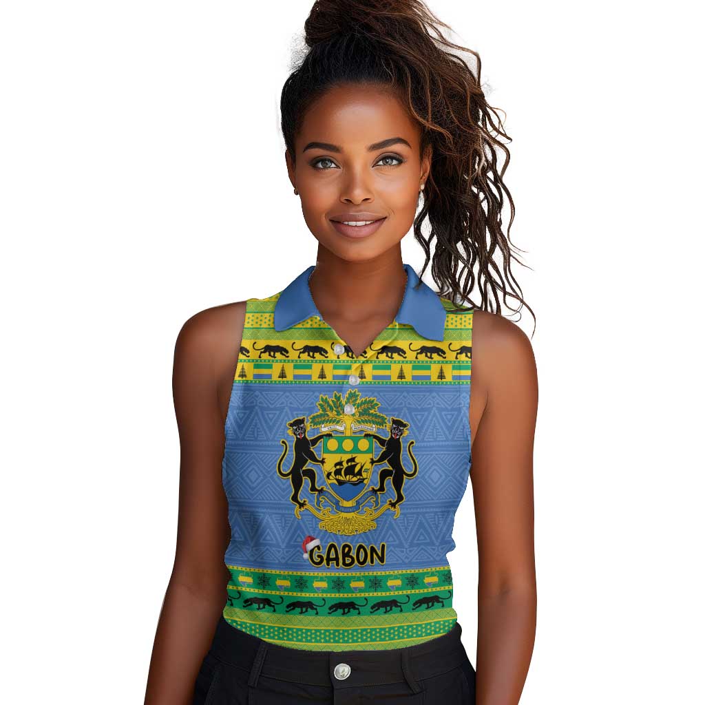 Afro Gabon Christmas Women Sleeveless Polo Shirt Coat Of Arm Mix African Pattern