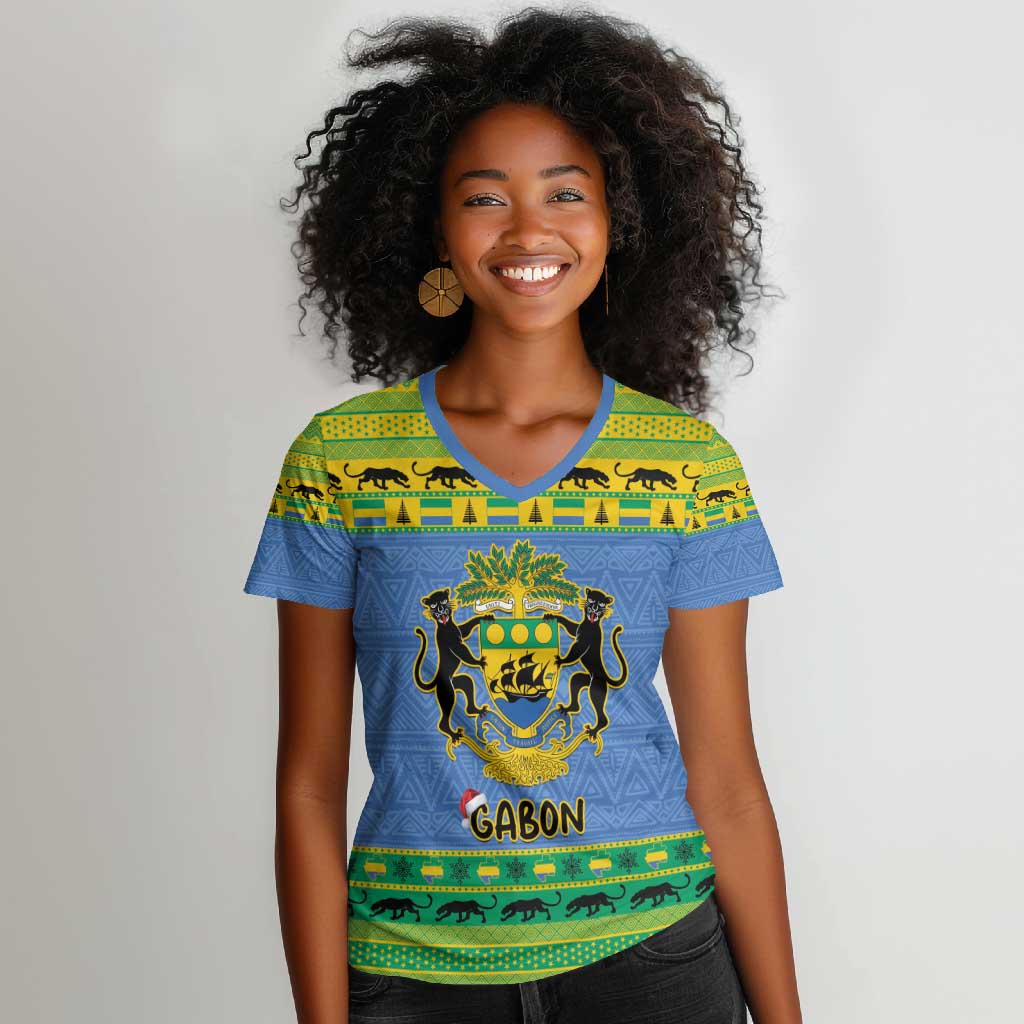 Afro Gabon Christmas Women V-Neck T-Shirt Coat Of Arm Mix African Pattern