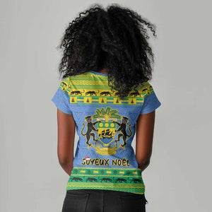 Afro Gabon Christmas Women V-Neck T-Shirt Coat Of Arm Mix African Pattern