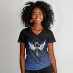 Personalised Egyptian Ankh Women V-Neck T-Shirt Egypt Hieroglyphs Pattern