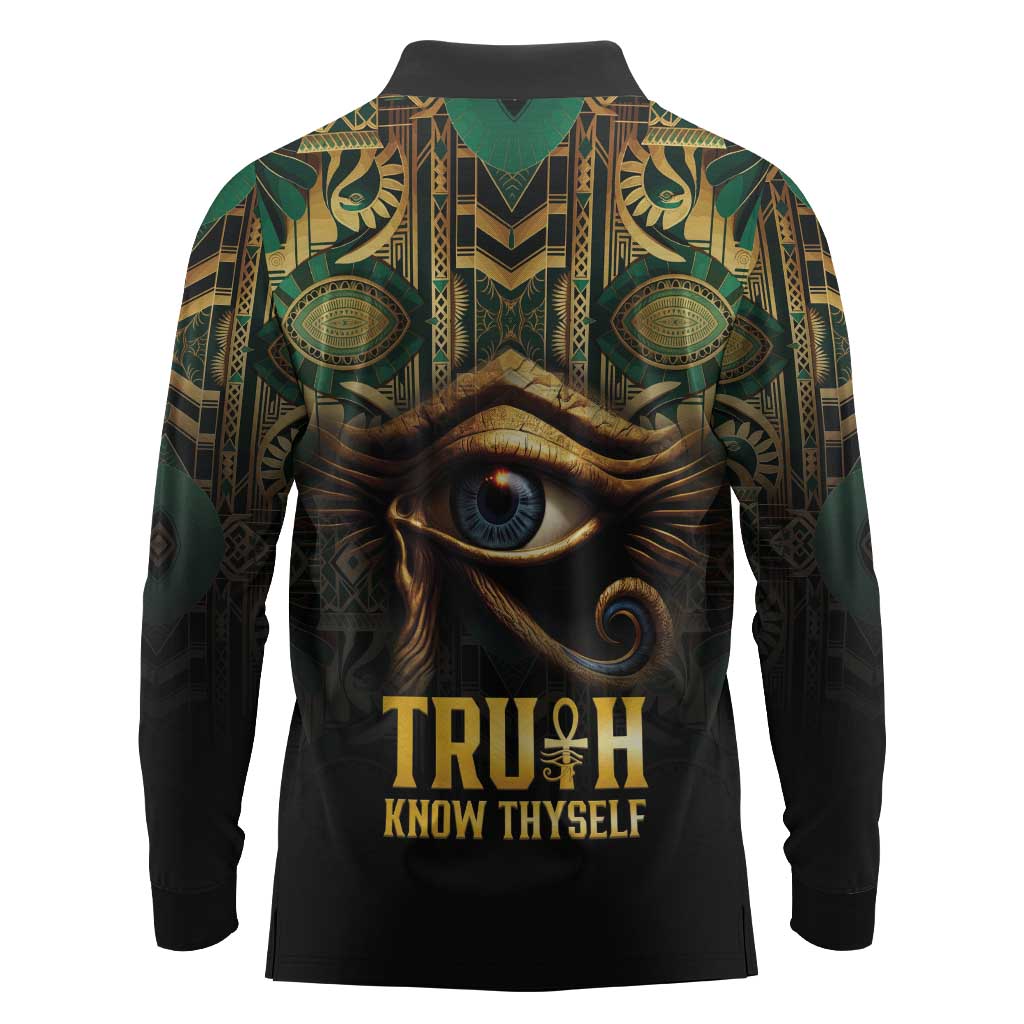 Egypt Eye of Horus Long Sleeve Polo Shirt Golden Ancient Egypt Pattern