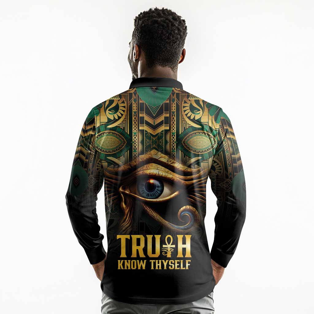 Egypt Eye of Horus Long Sleeve Polo Shirt Golden Ancient Egypt Pattern