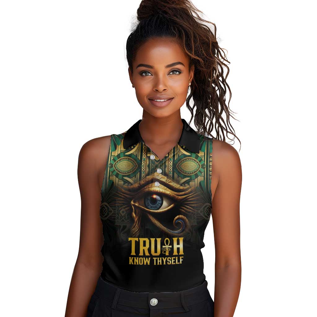 Egypt Eye of Horus Women Sleeveless Polo Shirt Golden Ancient Egypt Pattern