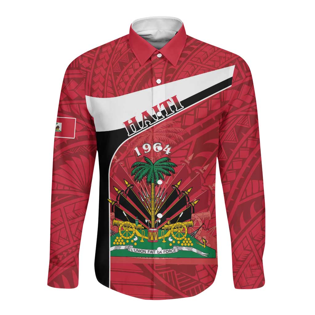 Personalized Haiti 1964 Long Sleeve Button Shirt Coat Of Arms - Polynesian Style - African Pride