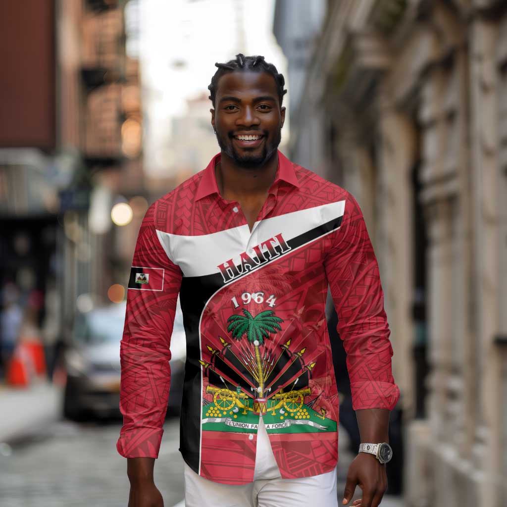 Personalized Haiti 1964 Long Sleeve Button Shirt Coat Of Arms - Polynesian Style - African Pride