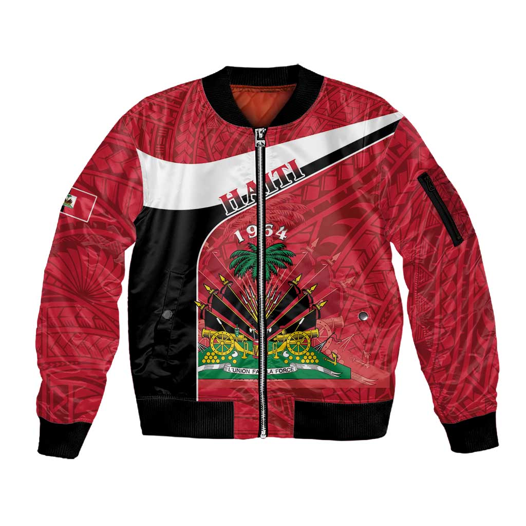 Personalized Haiti 1964 Sleeve Zip Bomber Jacket Coat Of Arms - Polynesian Style - African Pride