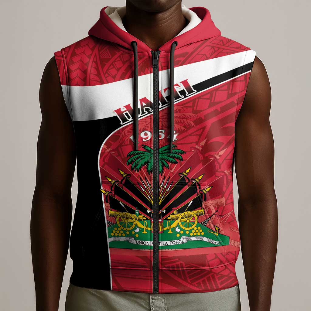 Personalized Haiti 1964 Sleeveless Zip Hoodie Coat Of Arms - Polynesian Style - African Pride