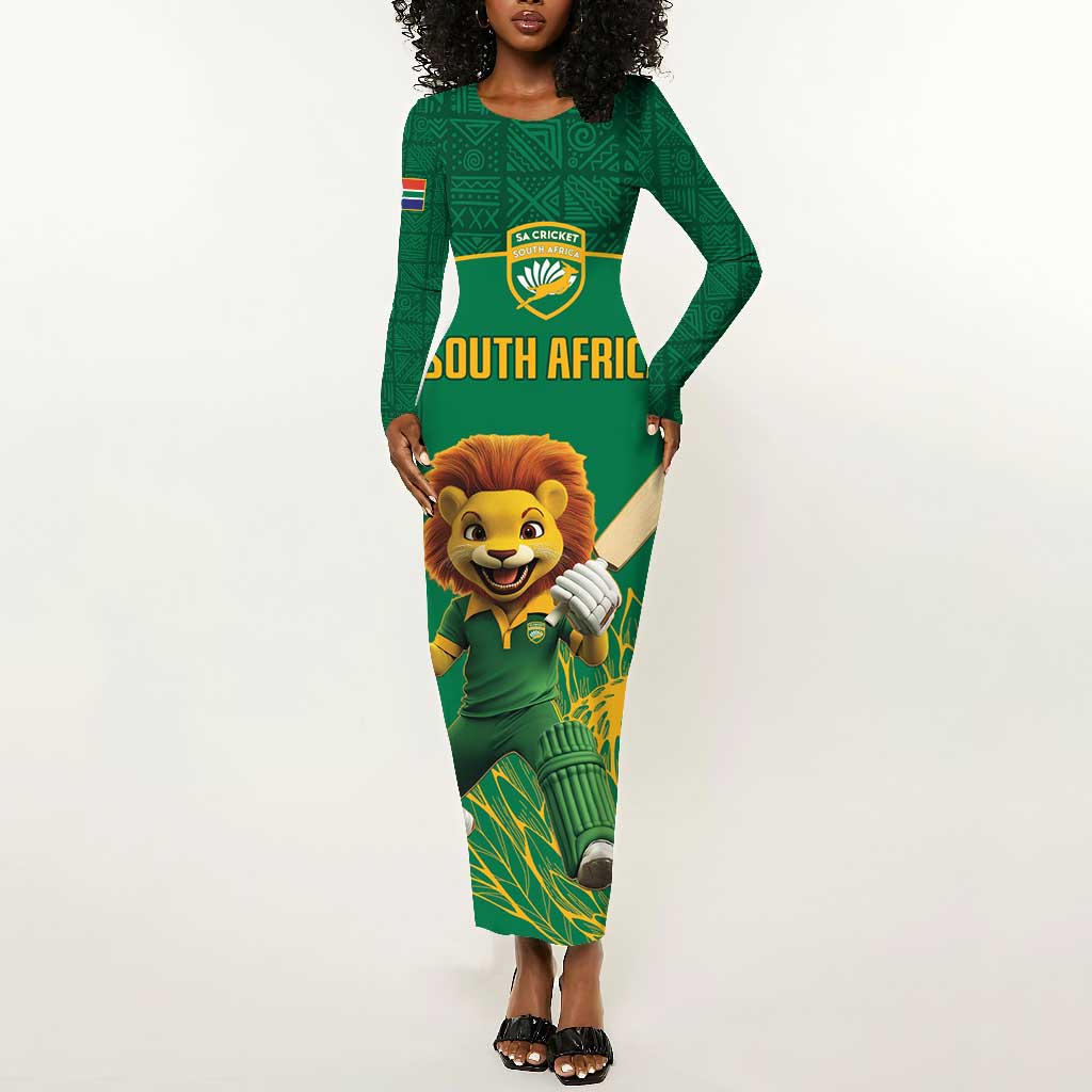 Custom South Africa Long Sleeve Bodycon Dress Lion Mascot Proteas Cricket