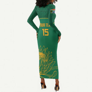 Custom South Africa Long Sleeve Bodycon Dress Lion Mascot Proteas Cricket