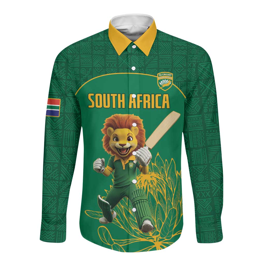 Custom South Africa Long Sleeve Button Shirt Lion Mascot Proteas Cricket