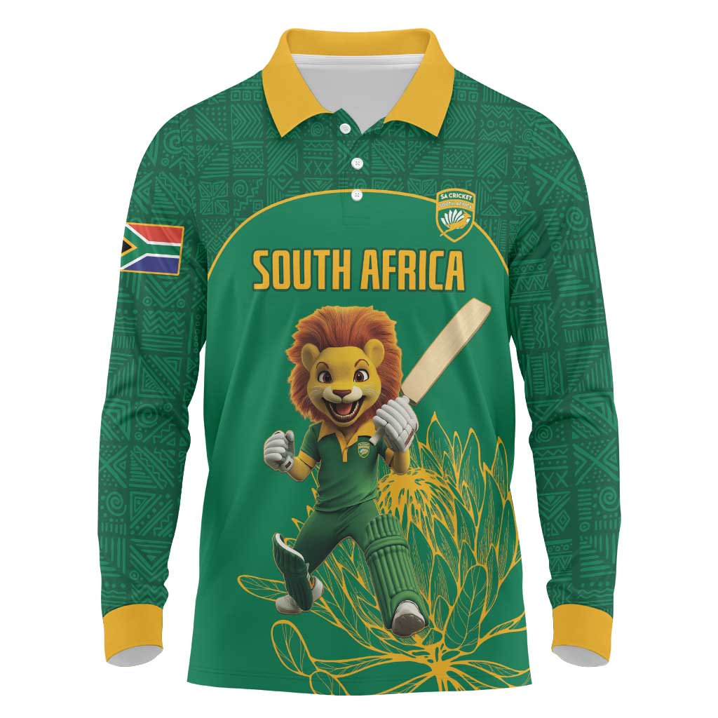 Custom South Africa Long Sleeve Polo Shirt Lion Mascot Proteas Cricket