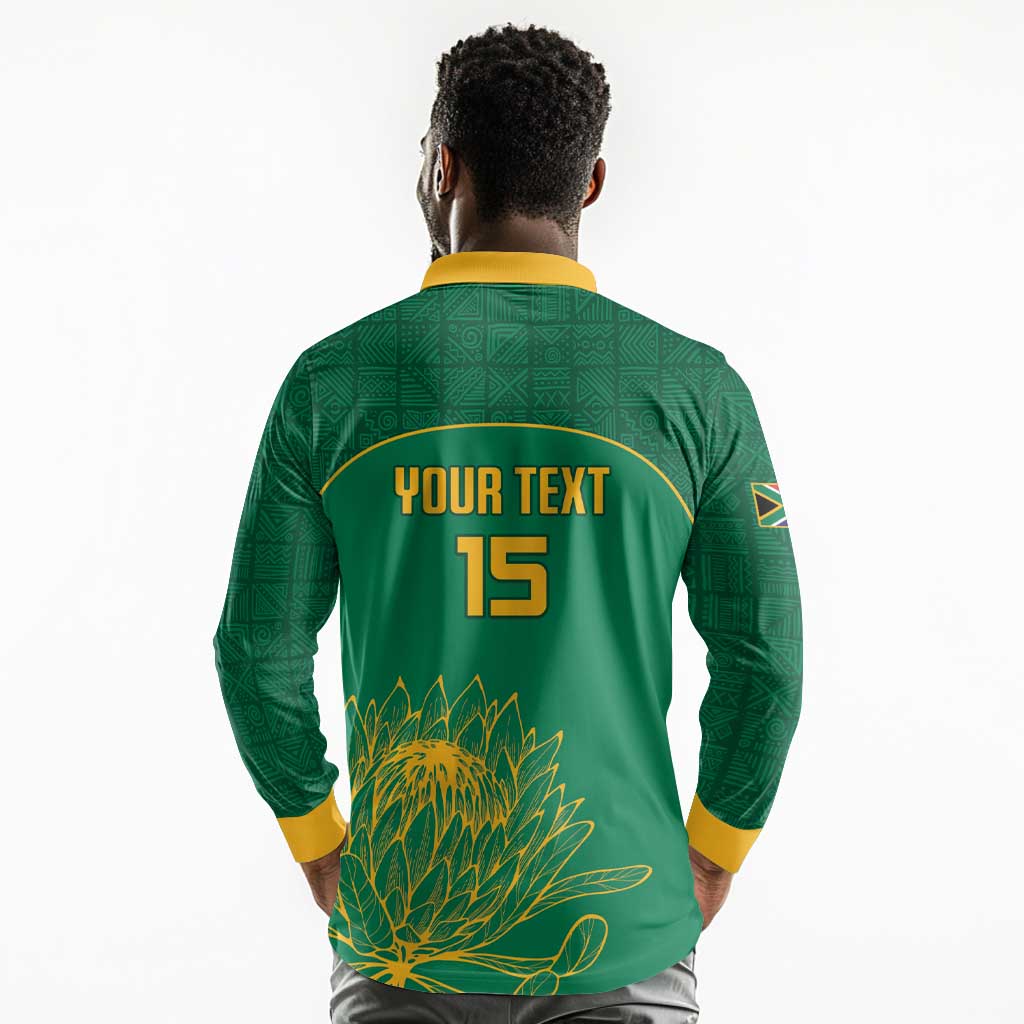 Custom South Africa Long Sleeve Polo Shirt Lion Mascot Proteas Cricket