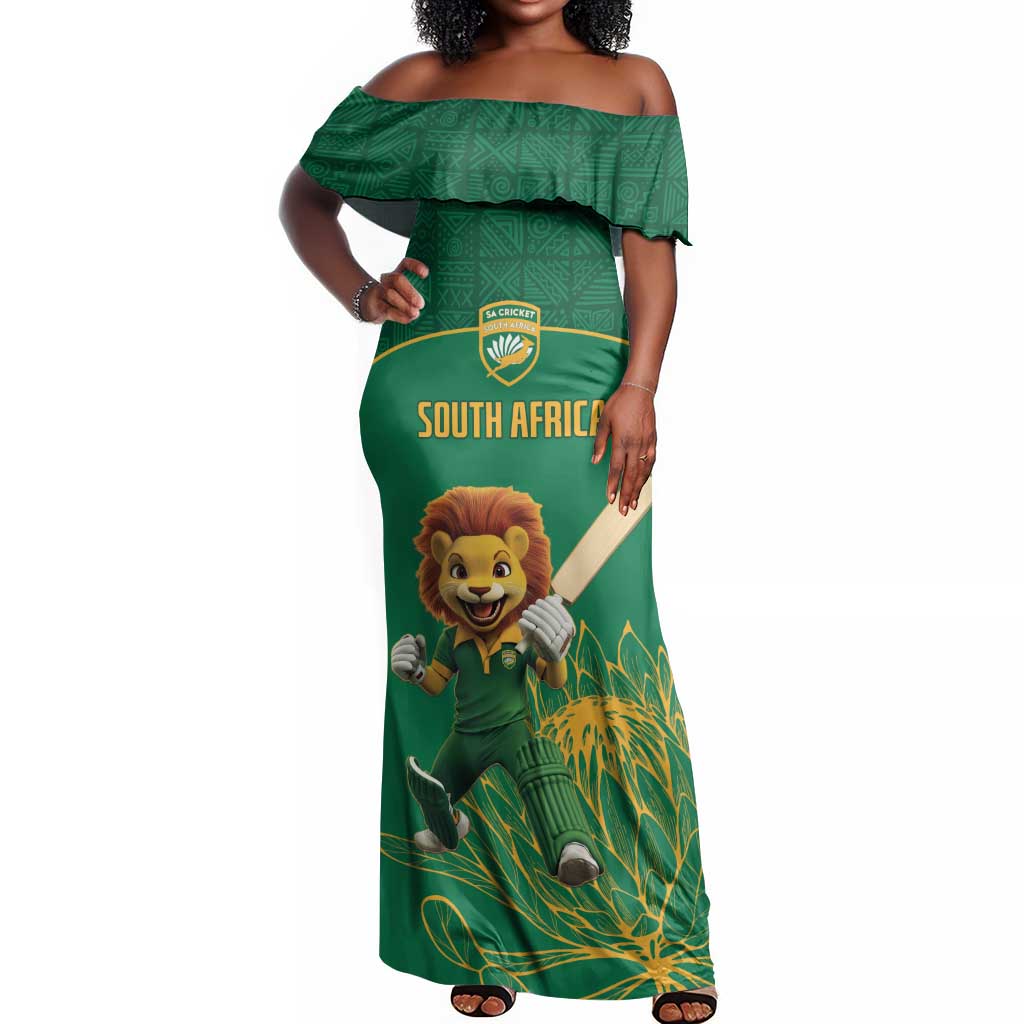 Custom South Africa Off Shoulder Maxi Dress Lion Mascot Proteas Cricket