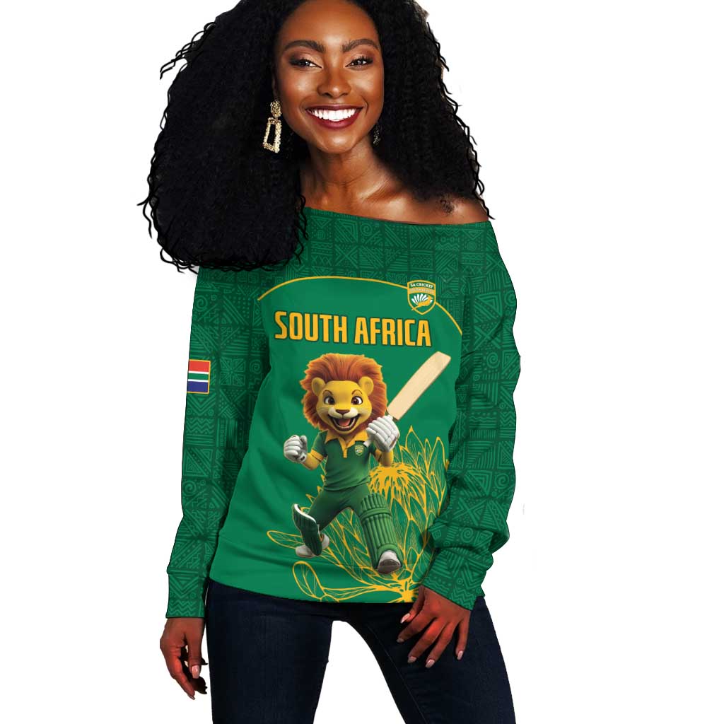 Custom South Africa Off Shoulder Sweater Lion Mascot Proteas Cricket