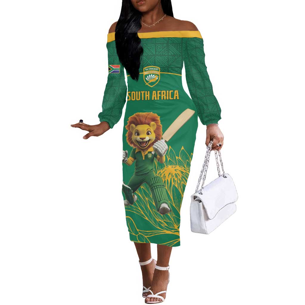 Custom South Africa Off The Shoulder Long Sleeve Dress Lion Mascot Proteas Cricket